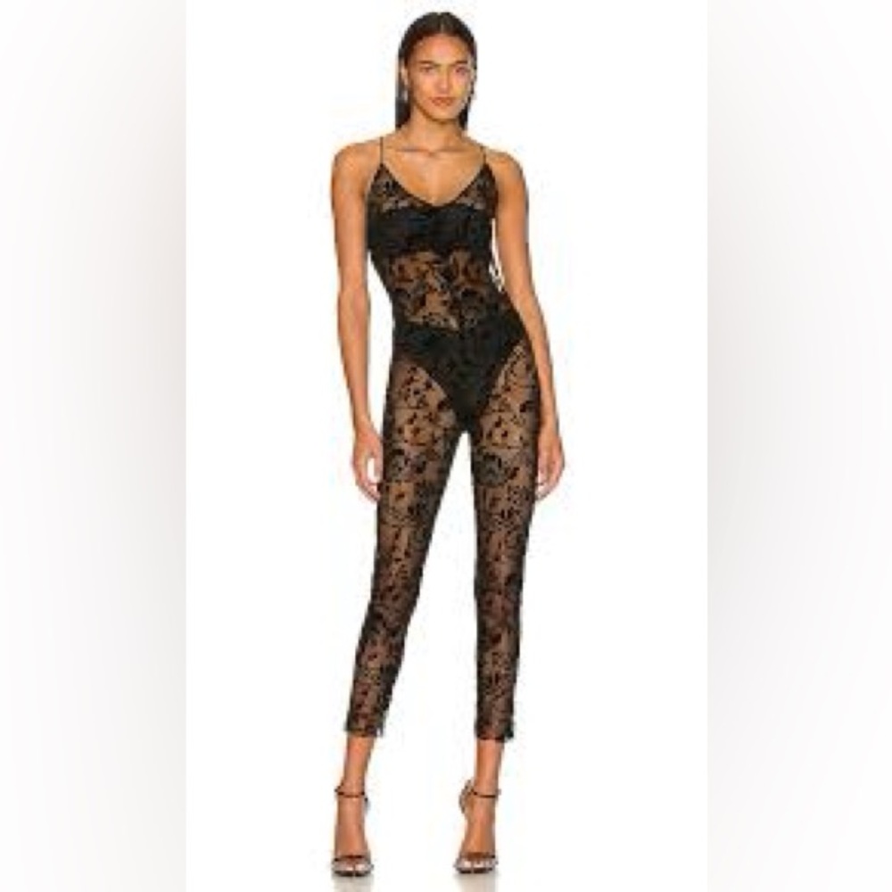 Norma Kamali Black Sheer Floral Lace Spaghetti-Strap Jumpsuit